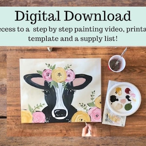 Cow canvas painting tutorial/Instant download/ learn how to paint/ art class/ Beginner/ diy painting/ easy/ digital download/ video