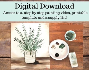 Greenery canvas painting tutorial/Instant download/ learn how to paint/ art video lesson/ Beginner/ diy painting/digital download/ Easy