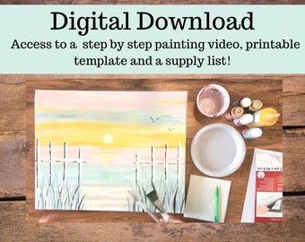 Sunset beach canvas painting tutorial/Instant download/ learn how to paint/ art video lesson/ Beginner/ diy painting/digital download/ Easy