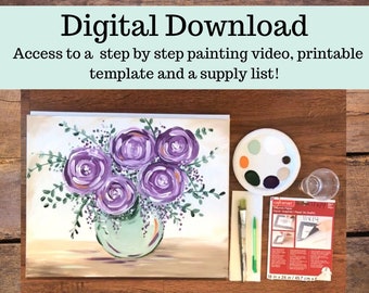 Purple Flowers canvas painting tutorial/Instant download/ learn how to paint/ art video lesson/ Beginner/ diy painting/digital download