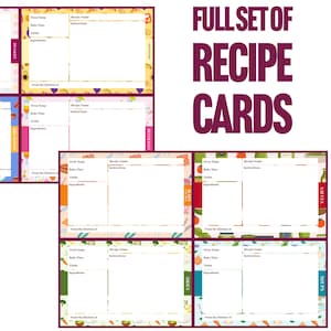 Cartes de recettes modifiables avec 8 catégories et motifs de fond uniques, téléchargement immédiat, imprimable