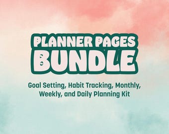 Könnte beinhalten: Digitalgrafik mit dem Text "PLANNER PAGES BUNDLE" in einem tealfarbenen Umriss. Darunter steht der Text "Goal Setting, Habit Tracking, Monthly, Weekly, and Daily Planning Kit" auf einem Aquarellhintergrund.