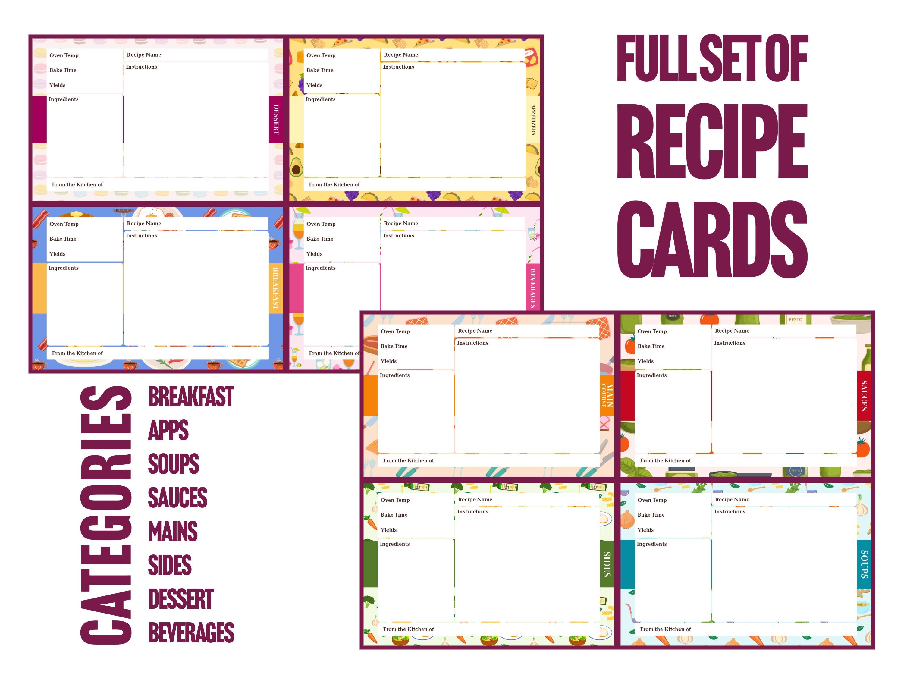 Editable Recipe Cards with 8 categories and unique background patterns, instant download, printable