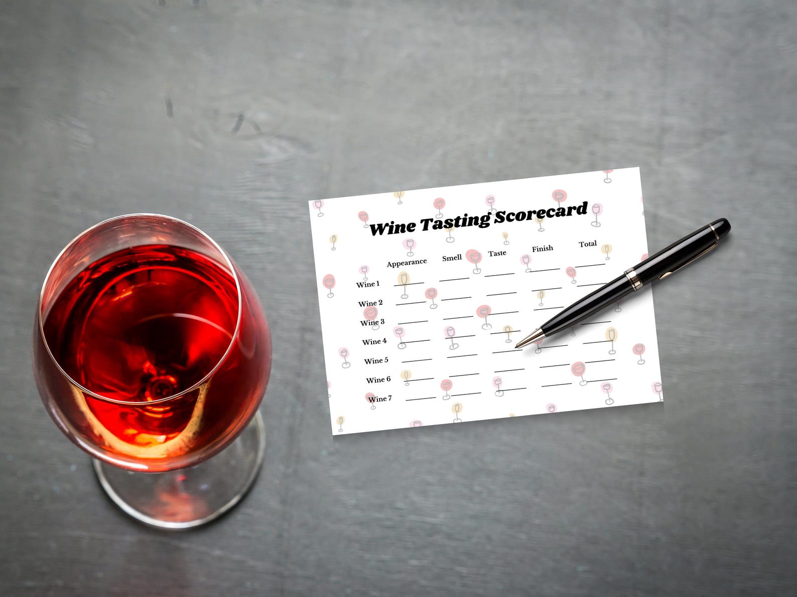 Wine Glass Pattern Wine Rating Sheet for Tasting Party Instant Download
