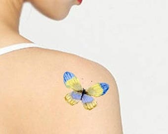 Blue Butterfly gift  - Temporary tattoo set - 2 Colorful watercolor tattoo - Girlfriend birthday tattoo gift - Blue Yellow butterfly