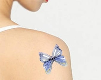 Fake tattoo - Butterfly Temporary tattoo - Colorful watercolor tattoo - Girlfriend birthday tattoo gift - Blue butterfly