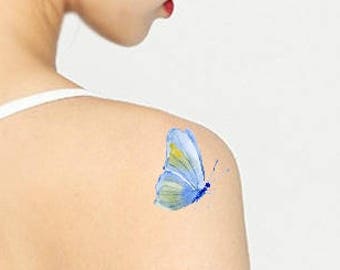 Butterfly - Temporary tattoo set - 2 Colorful watercolor tattoo - Girlfriend birthday tattoo gift - Blue butterfly