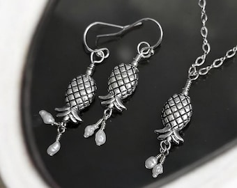 Conjunto de regalo para esposas swingers Collar, pendientes, perlas y piña al revés Joyas discretas Ropa de fiesta para adultos Símbolo swinger Cumpleaños Navidad