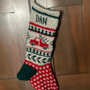 Christmas Stocking - PICK-UP TRUCK - Hand Knit - Can be personalized