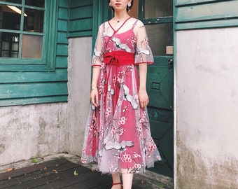 Set3: Lost in Kyoto Collection red/black crane floral embroidery transparent out layer dress+inner dress+sash