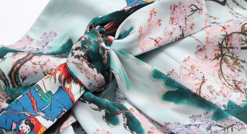 Lost in Kyoto Collection Japanese traditional painting art inspired green lakepurple cherry blossom sash