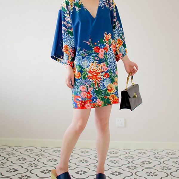 Lost in Kyoto Collection blue floral blossom short kimono dress