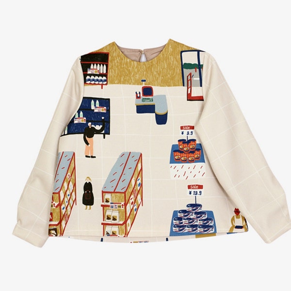 Neverland collection creamy supermarket painting shirt with back button