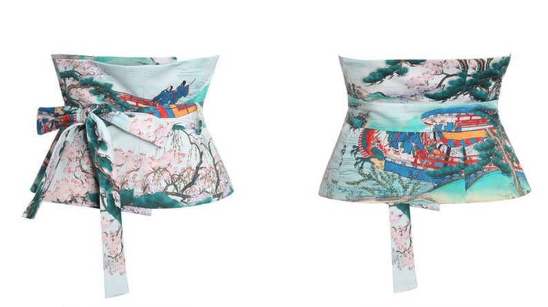Lost in Kyoto Collection Japanese traditional painting art inspired green lakepurple cherry blossom sash