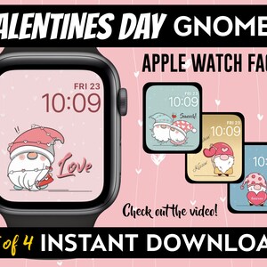 Set of 4 Valentine&#39;s Day Gnome Apple Watch Faces | Adorable Wallpapers | Art by Valo Creations