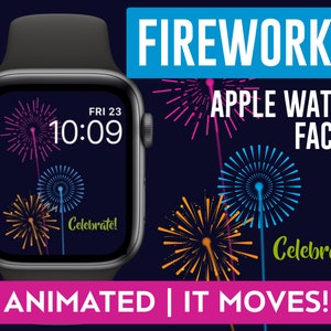 Może przedstawiać: Animowana tarcza zegarka Apple Watch z motywem fajerwerków. Tarcza pokazuje godzinę 10:09 i datę FRI 23. Tekst "Celebrate!" pojawia się dwa razy na tarczy. Tekst "FIREWORKS APPLE WATCH FACES" pojawia się nad tarczą zegarka. Tekst "ANIMATED | IT MOVES!" pojawia się pod tarczą zegarka.