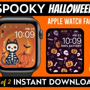 Set of 2 Halloween Apple Watch Faces Wallpapers | Skeleton Cat Witchy Vibe and candy | pumpkins | jack o lanterns