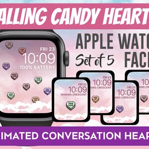 May include: Set of five animated Apple Watch faces featuring a pink and blue cloudy sky with falling candy hearts. Each face displays the time, date, and battery percentage. The hearts have different messages, such as "You're Cute", "True Love", and "Kiss Me".