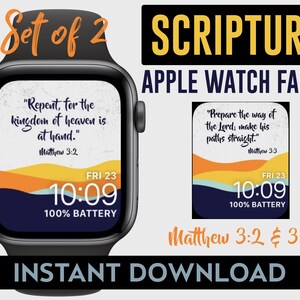 Op de afbeelding: Set van 2 Apple Watch-wijzerplaten met een modern ontwerp in blauw, geel en wit. De wijzerplaten tonen de tekst "Bekeert u, want het koninkrijk der hemelen is nabij." Mattheüs 3:2 en "Bereidt de weg voor de Heer, maakt zijn paden recht." Mattheüs 3:3.