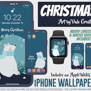 Set of Christmas/Winter Polar Bear iPhone Wallpapers with a FREE matching Apple Watch Face | Art by Valo Creations