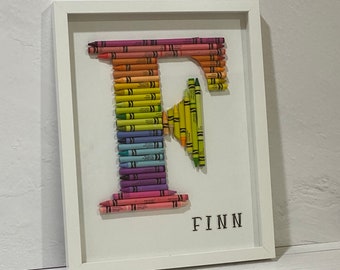 Custom Crayon Monogram Small, Rainbow Colors, Baby Gift, Teacher Gift, Framed Personalized Crayon Letter