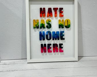 Hate Has No Home Here, 3D Wall Quote, Melted Crayon Word Art, for kids room, classroom decor, Frame quotes, multicolored rainbow crayons
