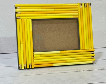 Colorful Picture Frame, Yellow recycled colored pencils, 4x6 photo frame, teacher appreciation gift, baby gift photo frame