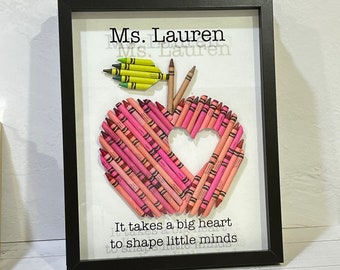 Crayon Apple Teacher Gift, Framed Crayon Personalized Apple, Heart, Custom Teacher Appreciation gift, Large 11 x 14