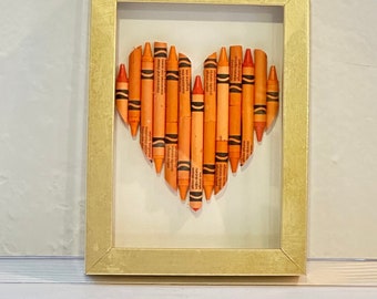 Cut Crayon Heart MINI 5x7, ORANGE heart framed in gold, Custom baby gift, Crayon Heart, teacher appreciation gift.