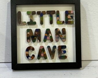 LITTLE MAN CAVE, 8x8 square,  3D Wall Quote, Melted Crayon Word Art, Nursery Decor, colorful baby gift,  colorful quote