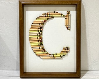 READY TO SHIP- Letter C - Crayon Monogram Large // Brown,Dark Green, Gold colors // Baby Gift // Framed Crayon Letter //Handmade crayon gift