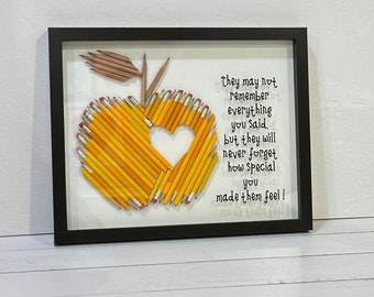 Recycled Pencil Apple Teacher Gift, Framed Personalized Apple, No2 Pencil gift,  Custom Teacher Appreciation gift, Large 11 x 14
