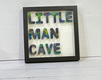 LITTLE MAN CAVE, 8x8 square,  3D Wall Quote, Melted Crayon Word Art, Nursery Decor, colorful baby gift,  colorful quote