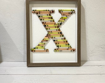 READY TO SHIP- Letter X - Crayon Monogram Large // Brown, Green, Gold colors // Baby Gift // Framed Crayon Letter //Handmade crayon gift