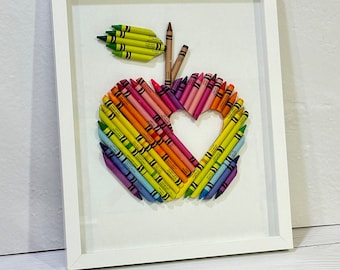Crayon Apple Teacher Gift RAINBOW, Framed Crayon Personalized Apple, Heart, Custom Teacher Appreciation gift, Large 11 x 14
