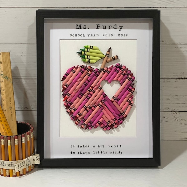 Crayon Apple Teacher Gift, Framed and MATTED Crayon Personalized Apple, Heart, Custom Teacher Appreciation gift, For the Class to Sign