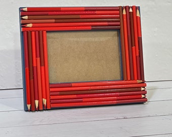 Upcycled RED Colored Pencil covered picture frame,  3.5"x5.5" opening Photo Frame, ready to ship