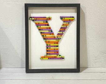 READY TO SHIP- Letter Y -Crayon Monogram Large // Orange, Green & Purple  // Baby Gift // Framed Crayon Letter //Handmade crayon gift