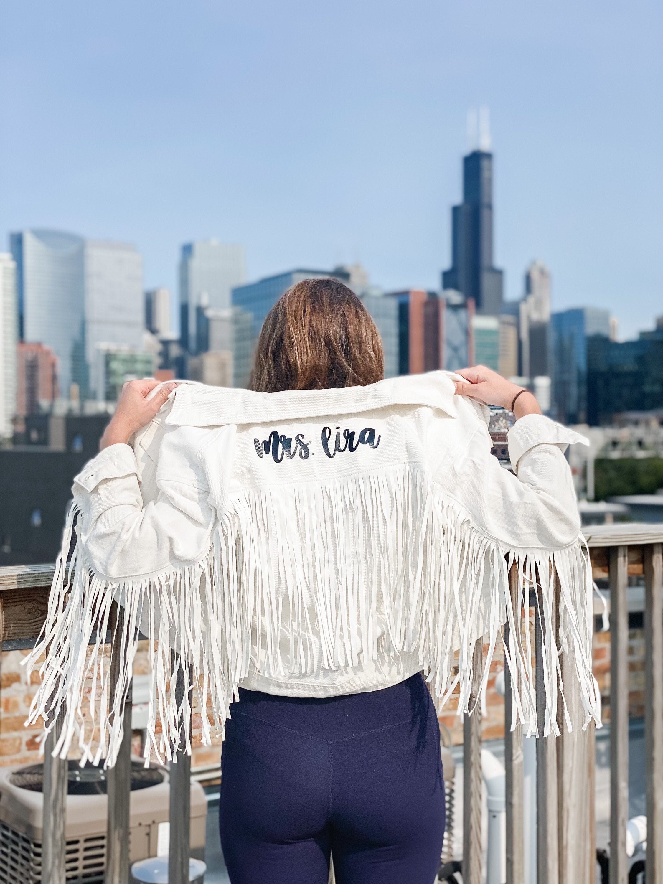 White Fringe Personalized Denim Jacket 