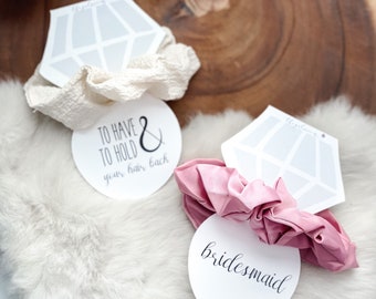 Custom Hair Ties - Srunchie Bridesmaid - Bridal Shower gifts - Scrunchie For Bridesmaid - Scrunchie Card - Bridesmaids -bridal party gifts.