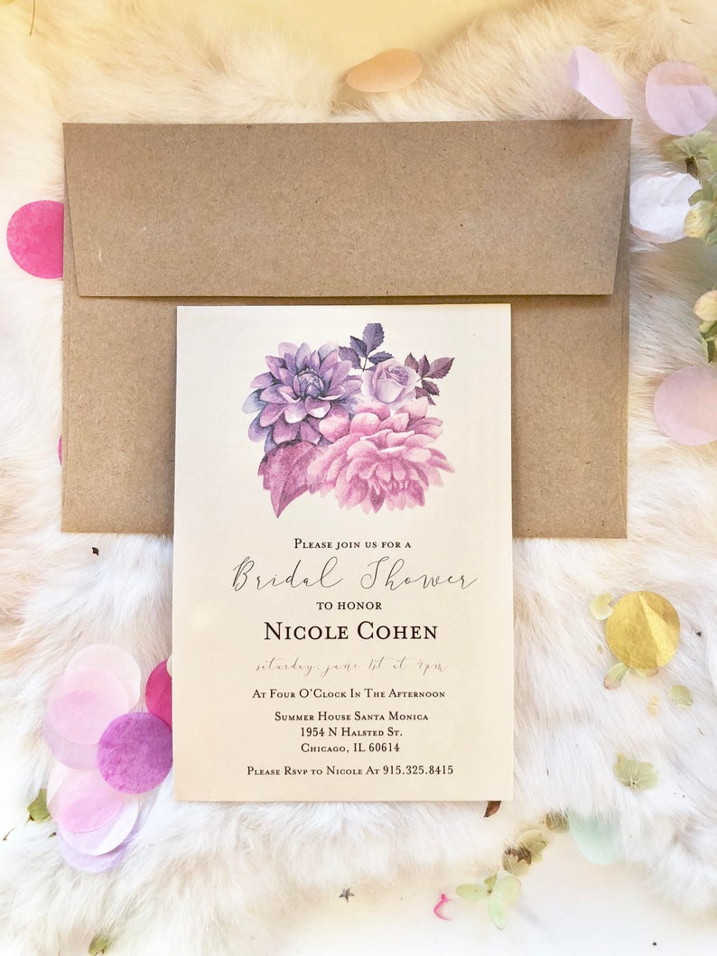 Purple Floral Wedding Bridal Shower Invitation Printed or Print Yourself Digital Invite