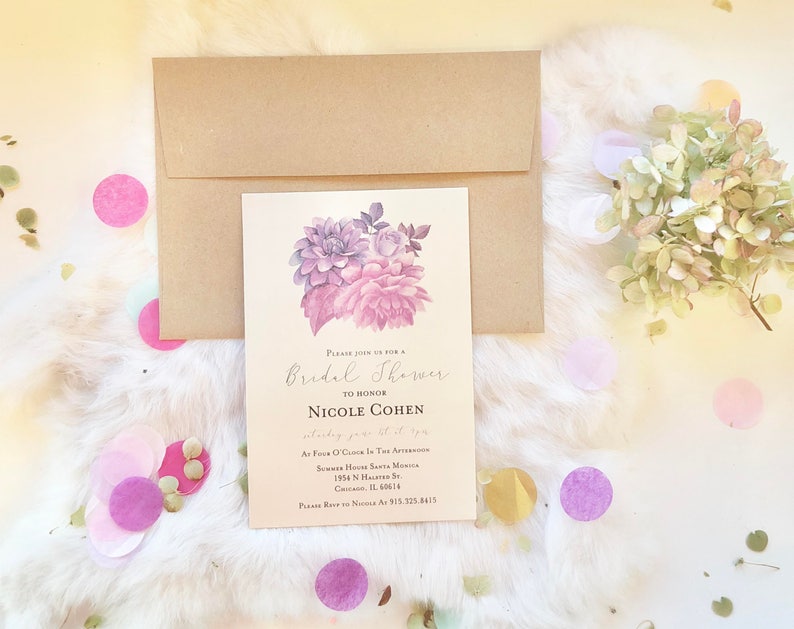 Purple Floral Wedding Bridal Shower Invitation Printed or Print Yourself Digital Invite