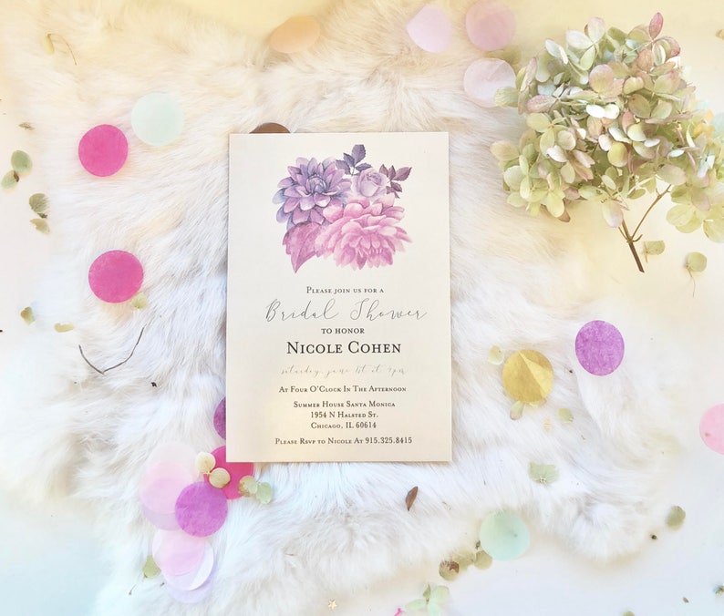 Purple Floral Wedding Bridal Shower Invitation Printed or Print Yourself Digital Invite