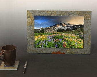 Colorado Snowed Capped Mountain with Wildflowers - Natural Slate Wall, Desk, Table and Shelf Photo Plaque - Ouray Colorado