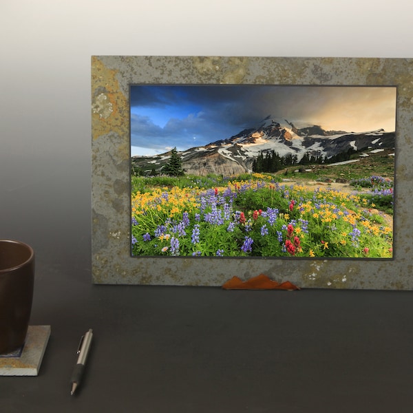 Colorado Snowed Capped Mountain with Wildflowers - Natural Slate Wall, Desk, Table and Shelf Photo Plaque - Ouray Colorado