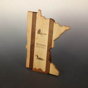 Minnesota State Genuine American Maple and Walnut Wood Cutting Board w option to add Matching Set of 4 Minnesota Coasters