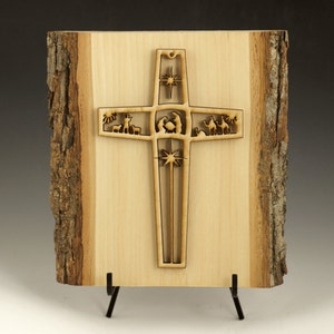 Nativity Wood Wall Cross on Live Edge Wood Plaque - Cabin Collection