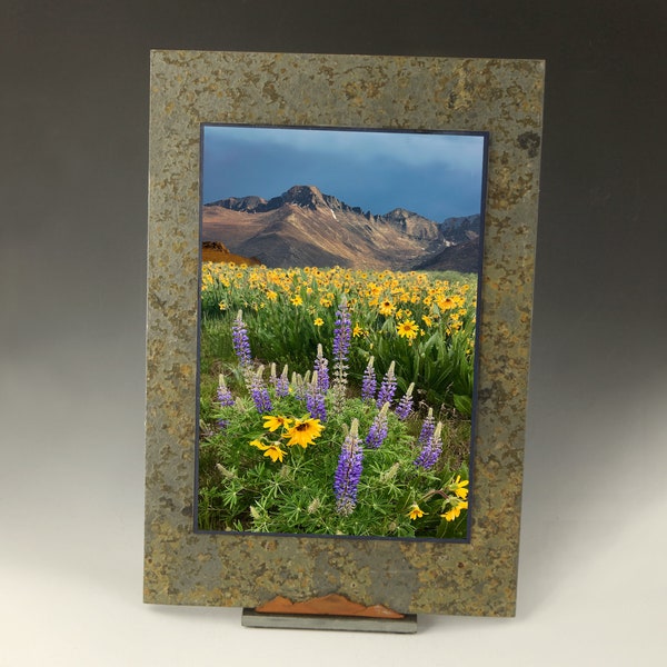 Longs Peak a Colorado 14er Mountain and Wildflowers - Natural Slate Wall, Desk, Tabletop and Shelf Photo Plaque - Rocky Mtn National Park