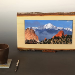 Pikes Peak Live Edge Wood Photo Plaque - Famous Colorado 14er Mountain with Garden of Gods in the foreground near Colorado Springs