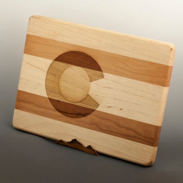 Colorado Flag Wood Cutting Board - 12"L x 9"W x 3/4" H - Genuine Cherry and Maple Wood